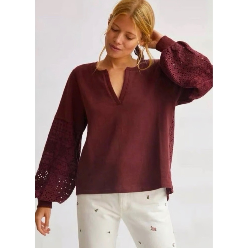 Anthropologie Eyelet Embroidered Wide Sleeve Sweatshirt Burgundy Women XS Boho
